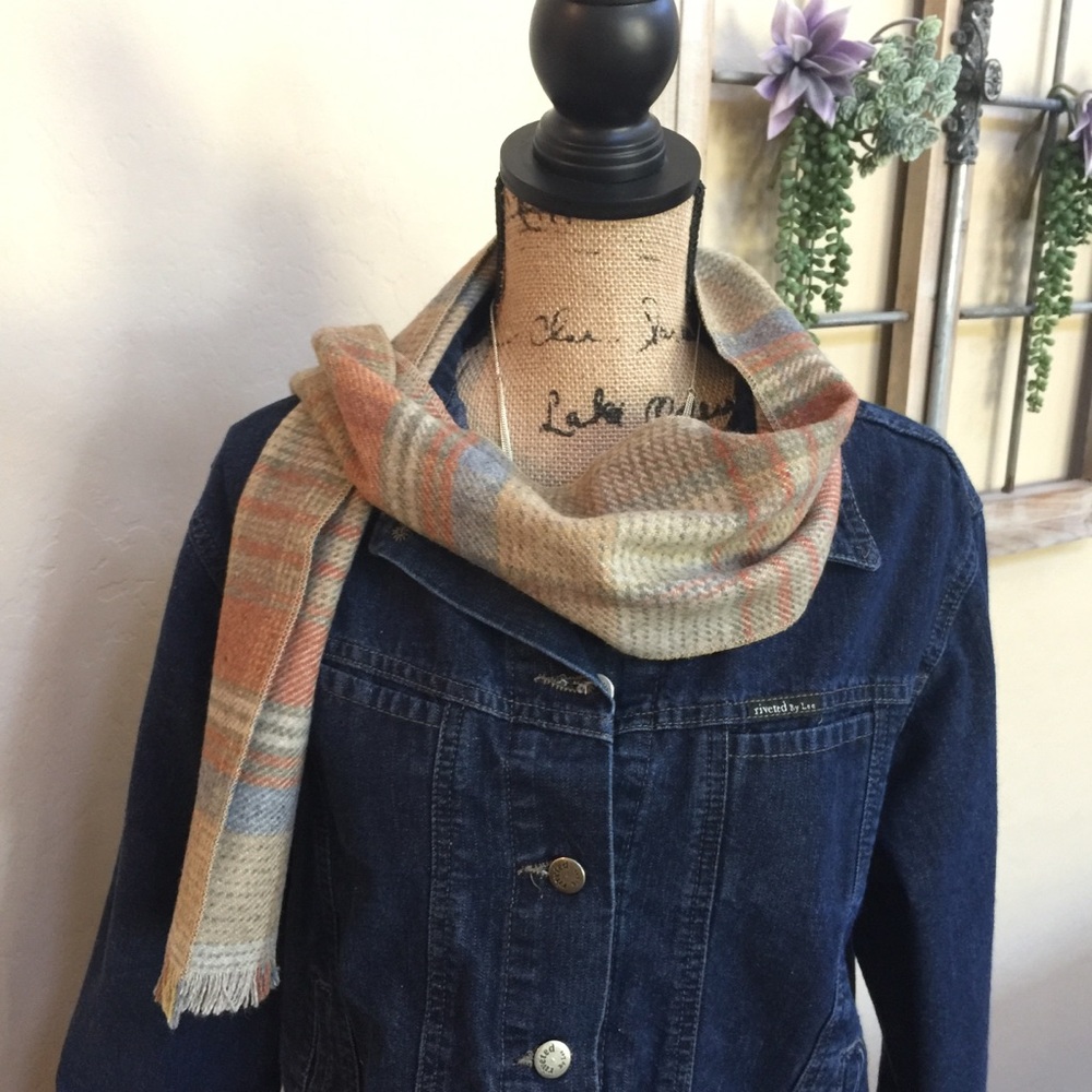 Tan, Blue, and Orange Plaid Scarf
